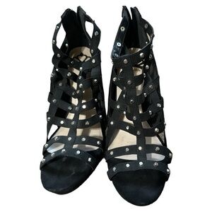 Fergalicious, no size written, fits size 9.5, black silver studded heels, zip